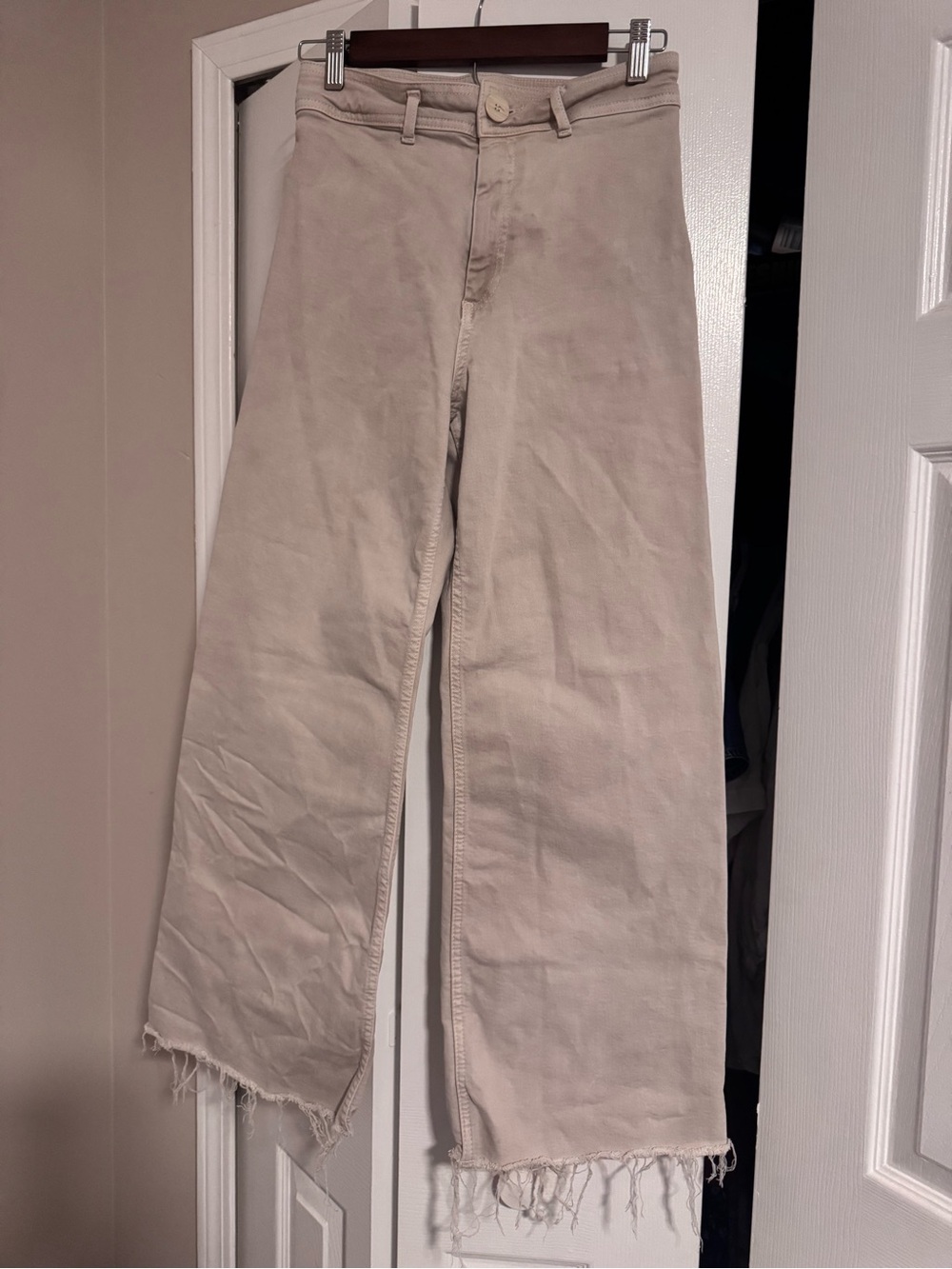 Zara Khaki Beige High Waisted Wide Leg Raw Hem Denim Jeans Pants EUR 38 US 6